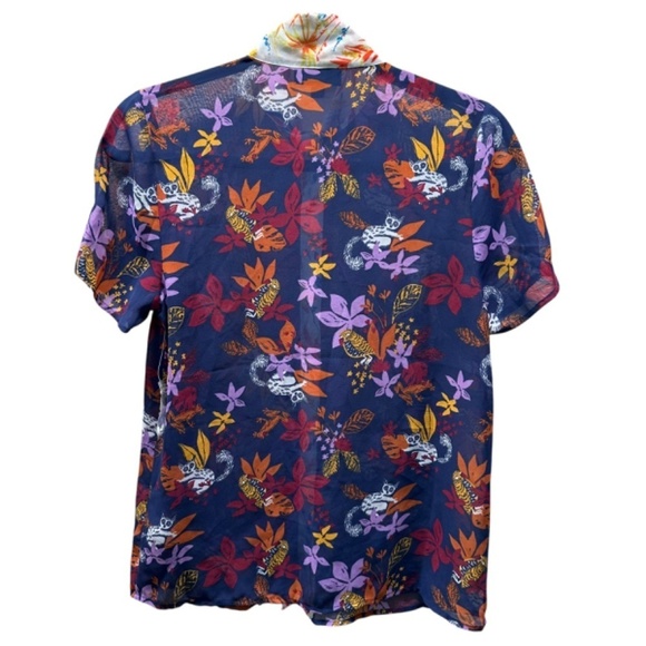Modcloth Short Sleeve Top Sheer Floral Lemur Frogs & Parrot Print Womens S NEW - Picture 2 of 15